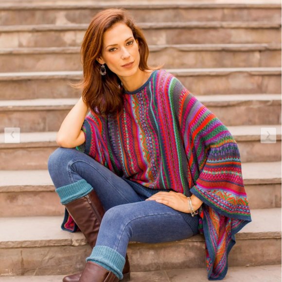Large / XL Novica Colorful Striped Dolman Sleeve Sweater Poncho Size L/XL - Picture 1 of 14
